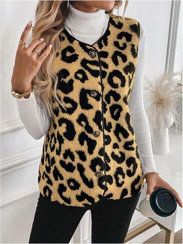 GORGLITTER Women's Cheetah Print Fleece Button Down Vest Coat V Neck Sleeveless Fleece Outerwear in Saudi Arabia