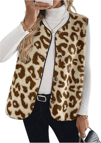 GORGLITTER Women's Cheetah Print Fleece Button Down Vest Coat V Neck Sleeveless Fleece Outerwear in Saudi Arabia