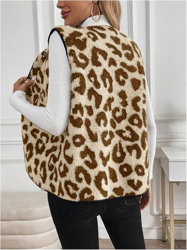 GORGLITTER Women's Cheetah Print Fleece Button Down Vest Coat V Neck Sleeveless Fleece Outerwear in Saudi Arabia