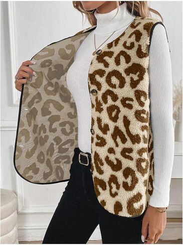 GORGLITTER Women's Cheetah Print Fleece Button Down Vest Coat V Neck Sleeveless Fleece Outerwear in Saudi Arabia