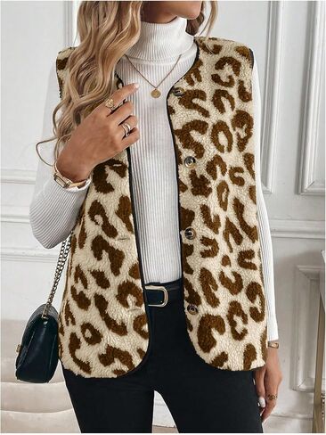 GORGLITTER Women's Cheetah Print Fleece Button Down Vest Coat V Neck Sleeveless Fleece Outerwear in Saudi Arabia