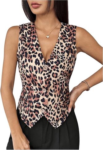 Milumia Women's Leopard Print Blazer Vest V Neck Sleeveless Button Down Jacket in Saudi Arabia