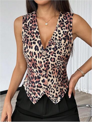 Milumia Women's Leopard Print Blazer Vest V Neck Sleeveless Button Down Jacket in Saudi Arabia