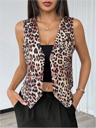 Milumia Women's Leopard Print Blazer Vest V Neck Sleeveless Button Down Jacket in Saudi Arabia
