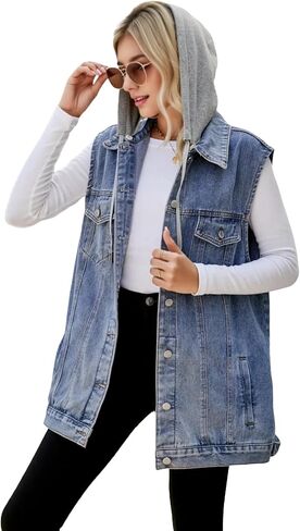 Women's Hooded Denim Vest, Oversized Casual Jean Jacket, Detachable Hood, Plus Size in Saudi Arabia