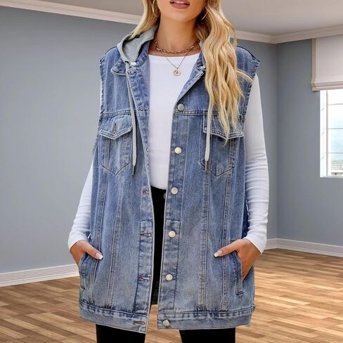 Women's Hooded Denim Vest, Oversized Casual Jean Jacket, Detachable Hood, Plus Size in Saudi Arabia