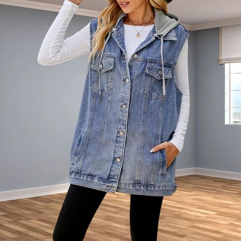 Women's Hooded Denim Vest, Oversized Casual Jean Jacket, Detachable Hood, Plus Size in Saudi Arabia
