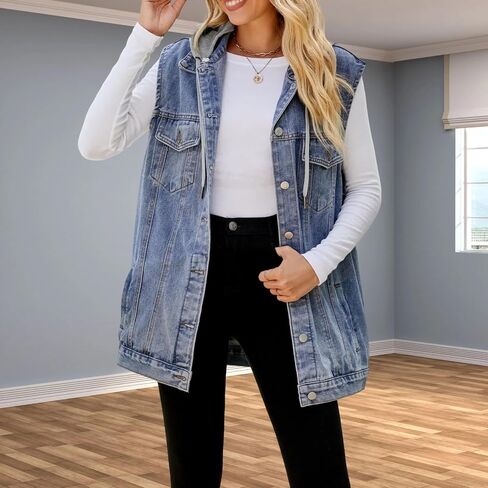 Women's Hooded Denim Vest, Oversized Casual Jean Jacket, Detachable Hood, Plus Size in Saudi Arabia