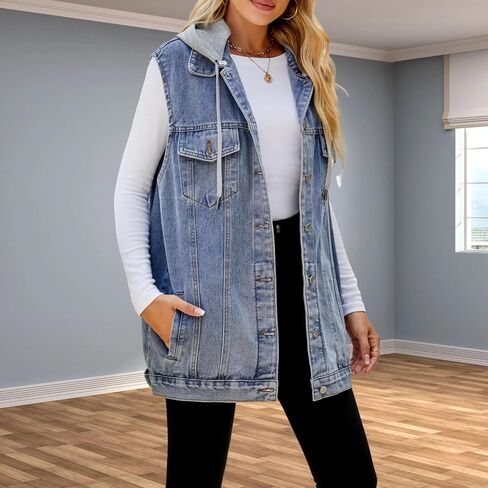 Women's Hooded Denim Vest, Oversized Casual Jean Jacket, Detachable Hood, Plus Size in Saudi Arabia