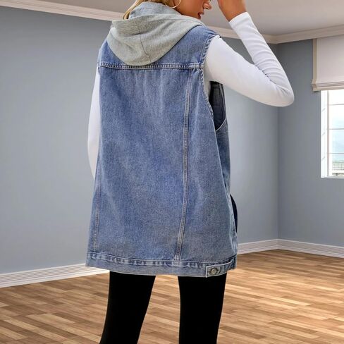 Women's Hooded Denim Vest, Oversized Casual Jean Jacket, Detachable Hood, Plus Size in Saudi Arabia