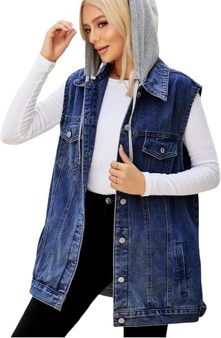 Women's Hooded Denim Vest, Oversized Casual Jean Jacket, Detachable Hood, Plus Size in Saudi Arabia