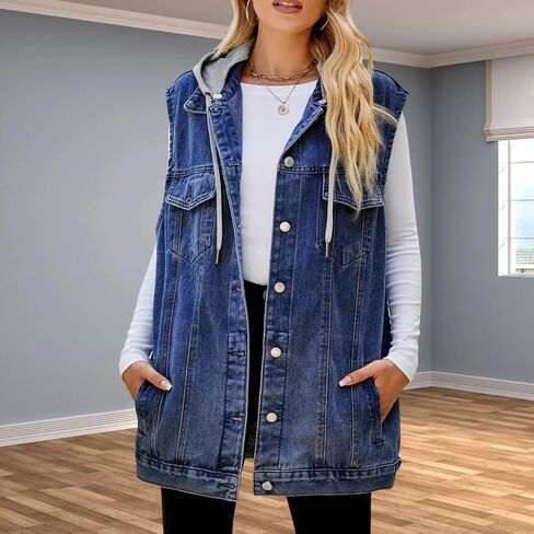 Women's Hooded Denim Vest, Oversized Casual Jean Jacket, Detachable Hood, Plus Size in Saudi Arabia