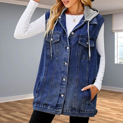 Women's Hooded Denim Vest, Oversized Casual Jean Jacket, Detachable Hood, Plus Size in Saudi Arabia