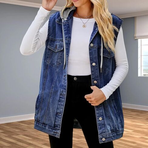 Women's Hooded Denim Vest, Oversized Casual Jean Jacket, Detachable Hood, Plus Size in Saudi Arabia