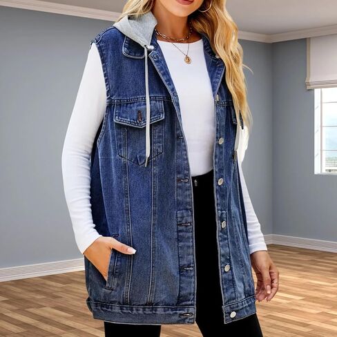 Women's Hooded Denim Vest, Oversized Casual Jean Jacket, Detachable Hood, Plus Size in Saudi Arabia