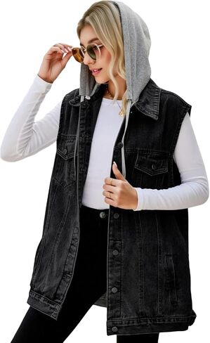 Women's Hooded Denim Vest, Oversized Casual Jean Jacket, Detachable Hood, Plus Size in Saudi Arabia