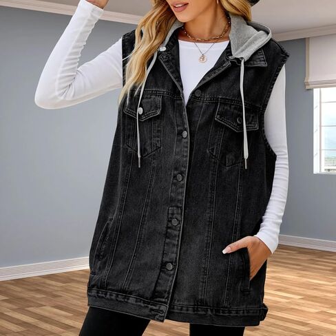 Women's Hooded Denim Vest, Oversized Casual Jean Jacket, Detachable Hood, Plus Size in Saudi Arabia