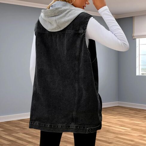 Women's Hooded Denim Vest, Oversized Casual Jean Jacket, Detachable Hood, Plus Size in Saudi Arabia