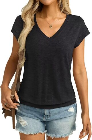 Womens V Neck Cap Sleeve T Shirts Banded Bottom Top Loose Fit Short Sleeves Tee Casual Summer Basic Tops 2025 in Saudi Arabia