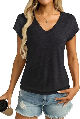 Womens V Neck Cap Sleeve T Shirts Banded Bottom Top Loose Fit Short Sleeves Tee Casual Summer Basic Tops 2025 in Saudi Arabia