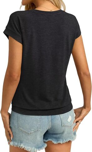 Womens V Neck Cap Sleeve T Shirts Banded Bottom Top Loose Fit Short Sleeves Tee Casual Summer Basic Tops 2025 in Saudi Arabia