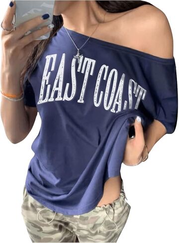 Women's Off The Shoulder Tops Letter Print Oversized Graphic Tees Vintage Y2k 90s Outfits Trendy in Kuwait