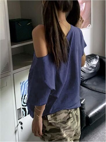 Women's Off The Shoulder Tops Letter Print Oversized Graphic Tees Vintage Y2k 90s Outfits Trendy in Kuwait