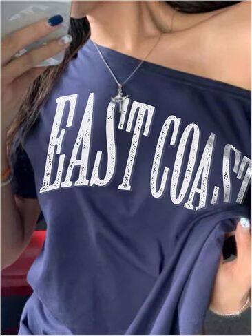 Women's Off The Shoulder Tops Letter Print Oversized Graphic Tees Vintage Y2k 90s Outfits Trendy in Kuwait