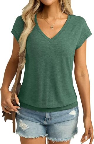 Womens V Neck Cap Sleeve T Shirts Banded Bottom Top Loose Fit Short Sleeves Tee Casual Summer Basic Tops 2025 in Saudi Arabia
