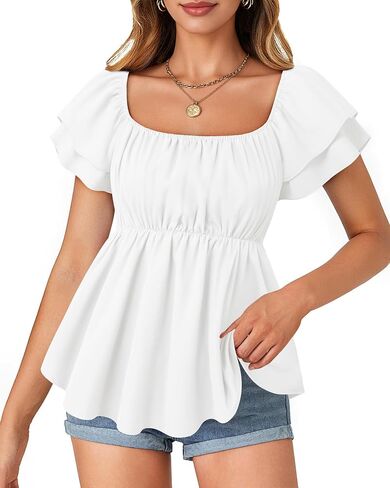 MCKOL Womens Summer Tops Boho Square Neck Short Sleeve Casual Shirts Baby doll Blouses Floral Fashion Beach Vacation Clothes in Saudi Arabia