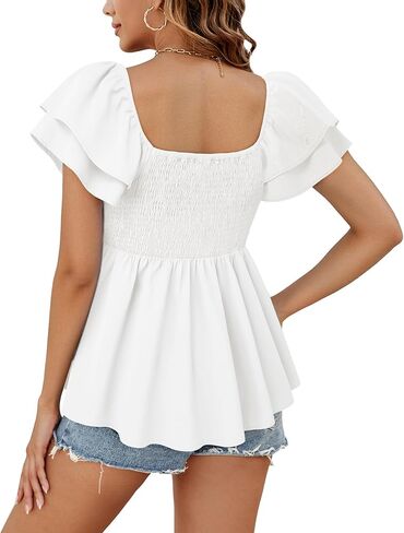 MCKOL Womens Summer Tops Boho Square Neck Short Sleeve Casual Shirts Baby doll Blouses Floral Fashion Beach Vacation Clothes in Saudi Arabia