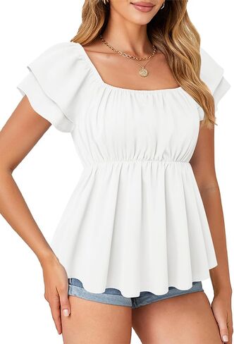 MCKOL Womens Summer Tops Boho Square Neck Short Sleeve Casual Shirts Baby doll Blouses Floral Fashion Beach Vacation Clothes in Saudi Arabia