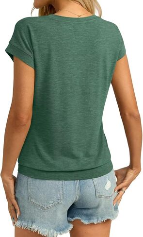 Womens V Neck Cap Sleeve T Shirts Banded Bottom Top Loose Fit Short Sleeves Tee Casual Summer Basic Tops 2025 in Saudi Arabia
