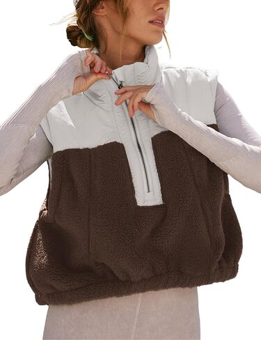 Yeokou Women Fleece Sherpa Vest Cropped Half Zip Sleeveless Warm Fuzzy Contrast Color Outwear Vest Kangaroo Pocket in Saudi Arabia