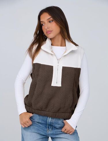 Yeokou Women Fleece Sherpa Vest Cropped Half Zip Sleeveless Warm Fuzzy Contrast Color Outwear Vest Kangaroo Pocket in Saudi Arabia
