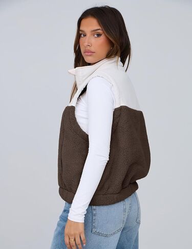 Yeokou Women Fleece Sherpa Vest Cropped Half Zip Sleeveless Warm Fuzzy Contrast Color Outwear Vest Kangaroo Pocket in Saudi Arabia