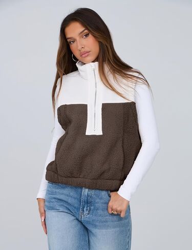 Yeokou Women Fleece Sherpa Vest Cropped Half Zip Sleeveless Warm Fuzzy Contrast Color Outwear Vest Kangaroo Pocket in Saudi Arabia