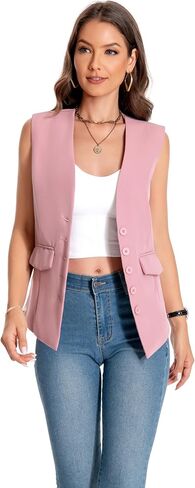 YYNUDA Women's Vest One Front Solid V Neck Casual Lightweight Sleeveless Blazer Waistcoat with Pockets in Saudi Arabia