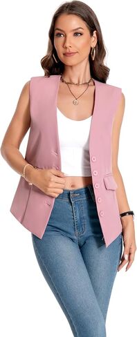 YYNUDA Women's Vest One Front Solid V Neck Casual Lightweight Sleeveless Blazer Waistcoat with Pockets in Saudi Arabia