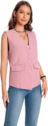 YYNUDA Women's Vest One Front Solid V Neck Casual Lightweight Sleeveless Blazer Waistcoat with Pockets in Saudi Arabia