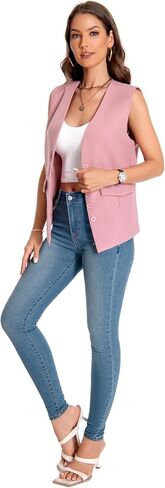 YYNUDA Women's Vest One Front Solid V Neck Casual Lightweight Sleeveless Blazer Waistcoat with Pockets in Saudi Arabia