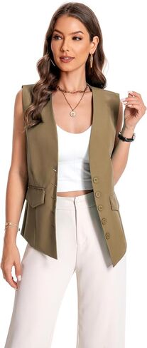 YYNUDA Women's Vest One Front Solid V Neck Casual Lightweight Sleeveless Blazer Waistcoat with Pockets in Saudi Arabia