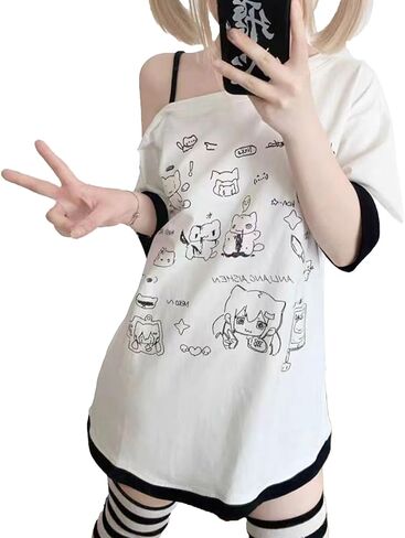 قمصان y2k kawaii للنساء الرسوم المتحركة الرسوم البيانية قبالة الكتف cutecore قمصان harajuku أزياء القوطية القوطية in Kuwait