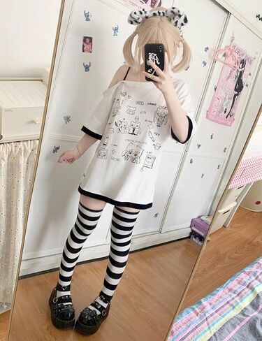 قمصان y2k kawaii للنساء الرسوم المتحركة الرسوم البيانية قبالة الكتف cutecore قمصان harajuku أزياء القوطية القوطية in Kuwait