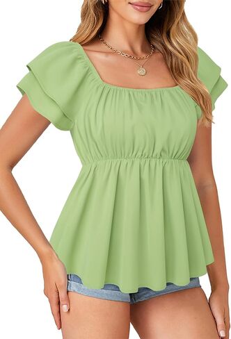 MCKOL Womens Summer Tops Boho Square Neck Short Sleeve Casual Shirts Baby doll Blouses Floral Fashion Beach Vacation Clothes in Saudi Arabia