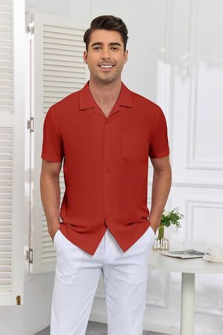 Men's Short Sleeve Button Down Shirt Cuban Collar Anti-Wrinkle Shirt Casual Summer Beach Shirt in Saudi Arabia