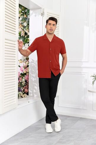 Men's Short Sleeve Button Down Shirt Cuban Collar Anti-Wrinkle Shirt Casual Summer Beach Shirt in Saudi Arabia