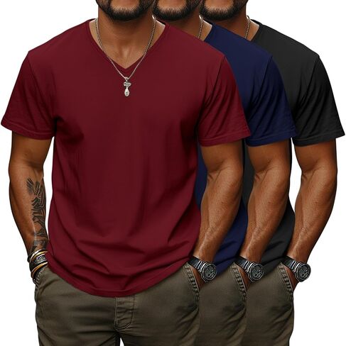 Ficerd 3 Pack Men's V Neck 95% Cotton T-Shirts M-7xl Big Tall Regular Soft Short Sleeve Basic 2025 Summer Clothes in Saudi Arabia