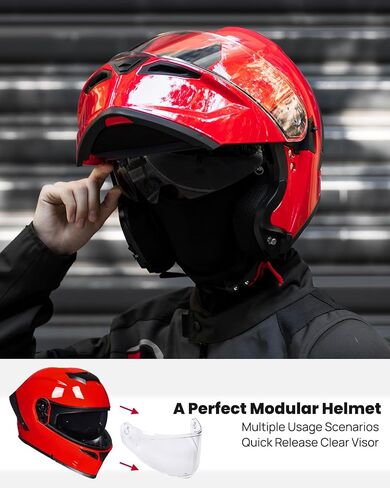 ILM Motorcycle Helmets Modular Full Face Moped Helmet Flip up Dual Visor for Adult DOT WS202 (Red, X-Large) in Saudi Arabia