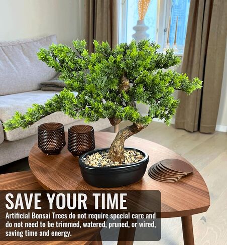 شجرة بونساي الاصطناعية 16 بوصة مع خشب واقعي ووعاء من السيراميك نباتات مزيفة Cypress Juniper Pine Zen Faux Plants for Home Bedroom Office Decor in Saudi Arabia